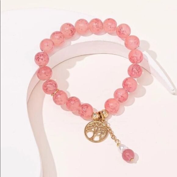 PINK Crystal Beaded Gold Tree of Life Charm Bracelet - Picture 1 of 4